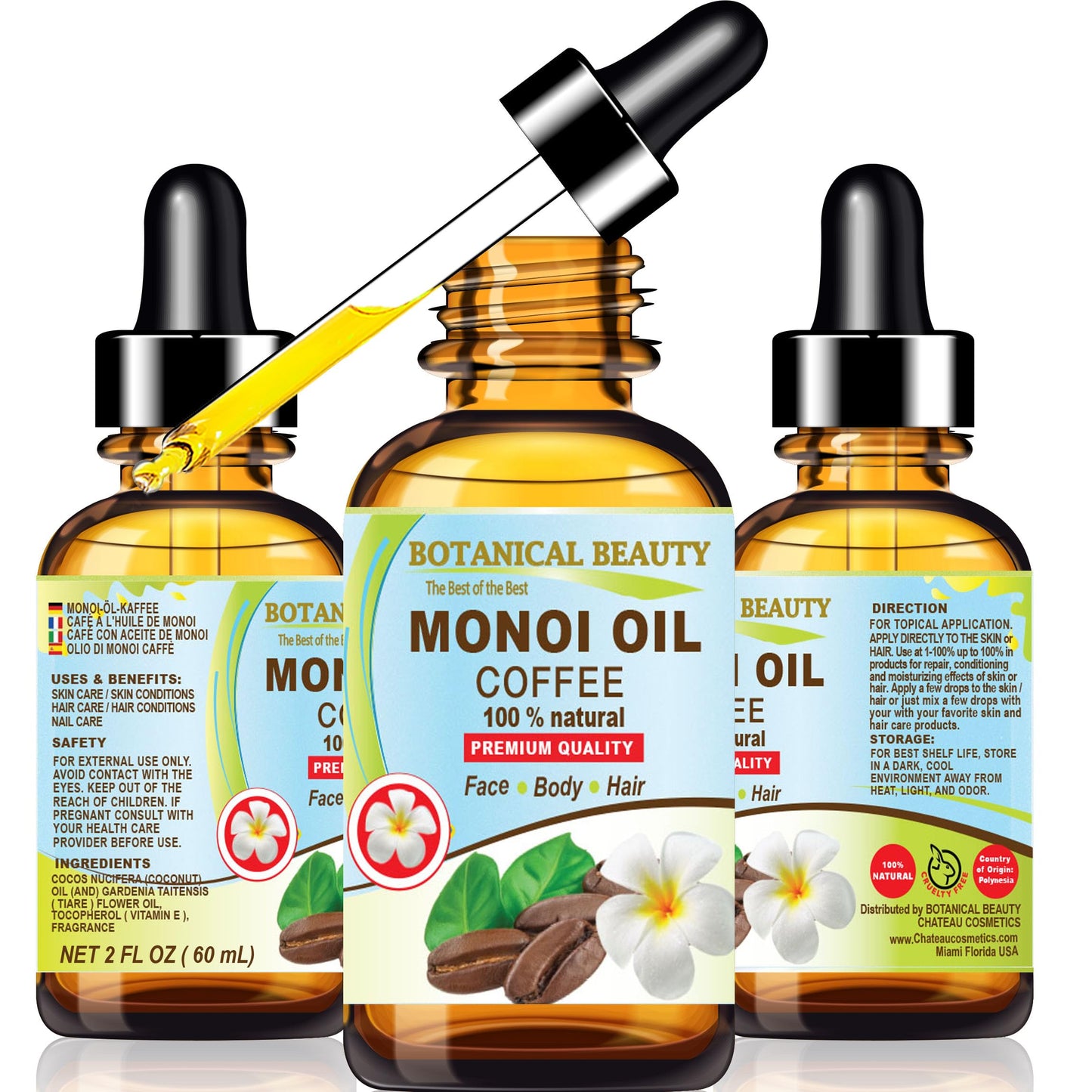 Botanical Beauty MONOI OIL COFFEE. Frangipani flowers in Coconut Oil with Coffee aroma. 100% Natural Pure for FACE, SKIN, BODY, HAIR, NAILS. Luxury Beauty & Personal Care Botanical Beauty