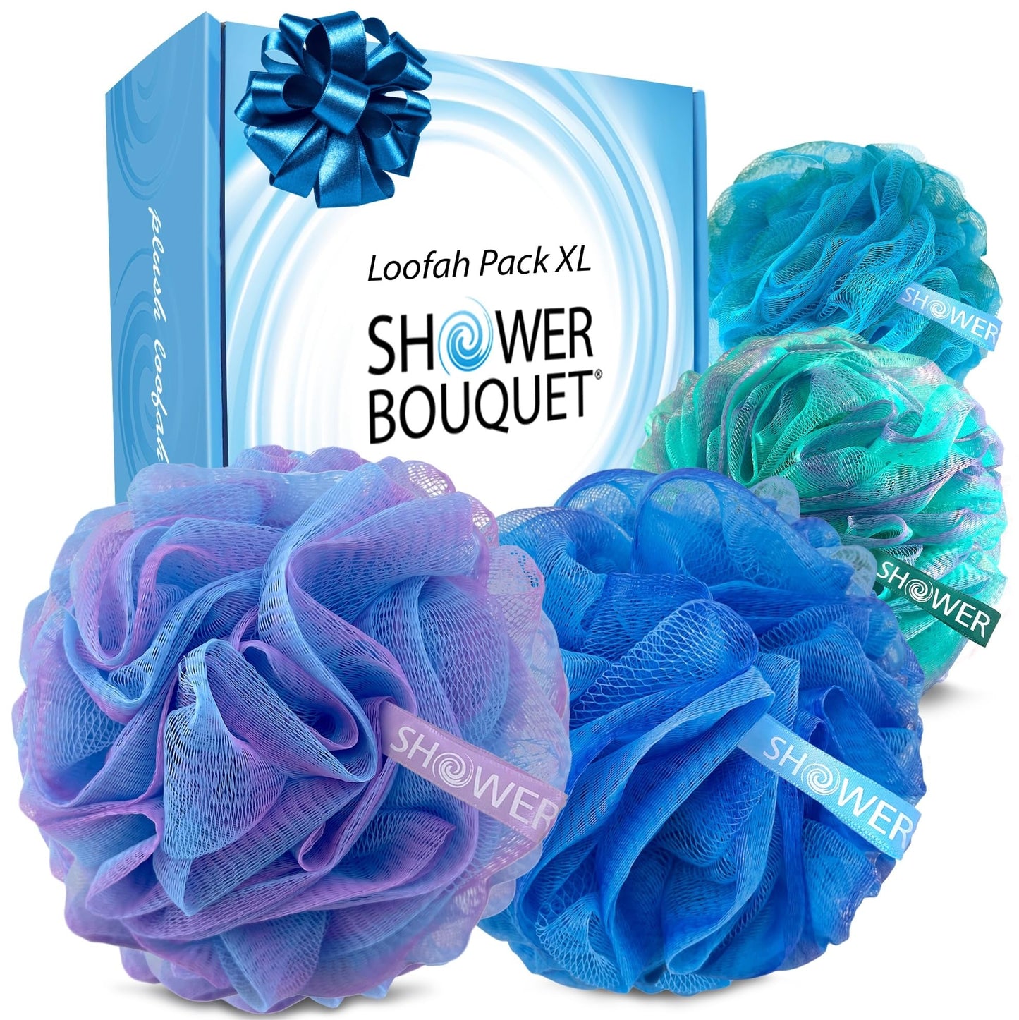 SHOWER BOUQUET Loofah Bath-Sponge XL Swirl-Deep-4-Pack // Extra Large 75g Soft Mesh Net Luffa Loofa Loufa Lufa Puff Set/Exfoliating Body Scrubber Beauty & Personal Care Shower Bouquet