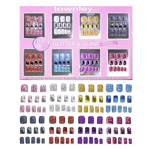 Townley Girl 96 Pcs Glitter-Glamup & Metallic Press-On Nails Artificial Fake False Nails Set for Tweens with Pre-Glue Full Cover Acrylic Nail Tip Kit Beauty & Personal Care Townley Girl