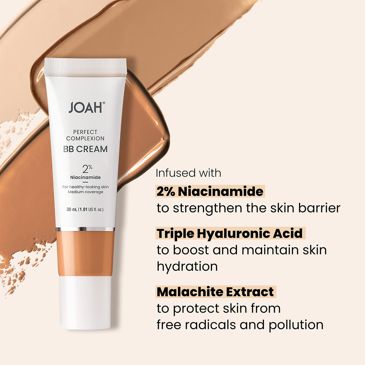 JOAH Beauty Perfect Complexion BB Cream with Hyaluronic Acid and Niaciminade,Korean Makeup with Medium Buildable Coverage,Evens Skin