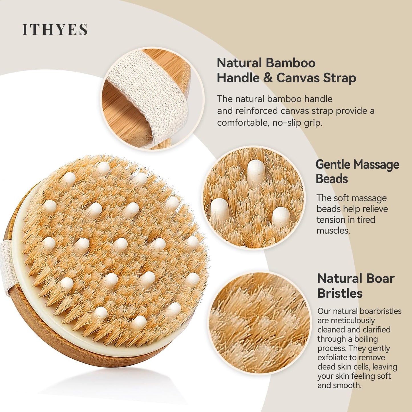 Ithyes Body Brush Dry Brushing Bath Brush Gentle Skin Exfoliate Massage Scrub 100% Nature Boar Bristles Bamboo Wood Improve Blood Circulation Wet Beauty & Personal Care Ithyes