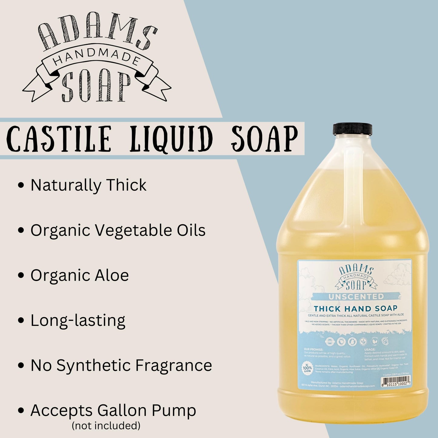 Adams Handmade Soap Thick Organic Castile Liquid Hand Soap 1 Gallon Refill- Unscented Beauty & Personal Care Adams Handmade Soap