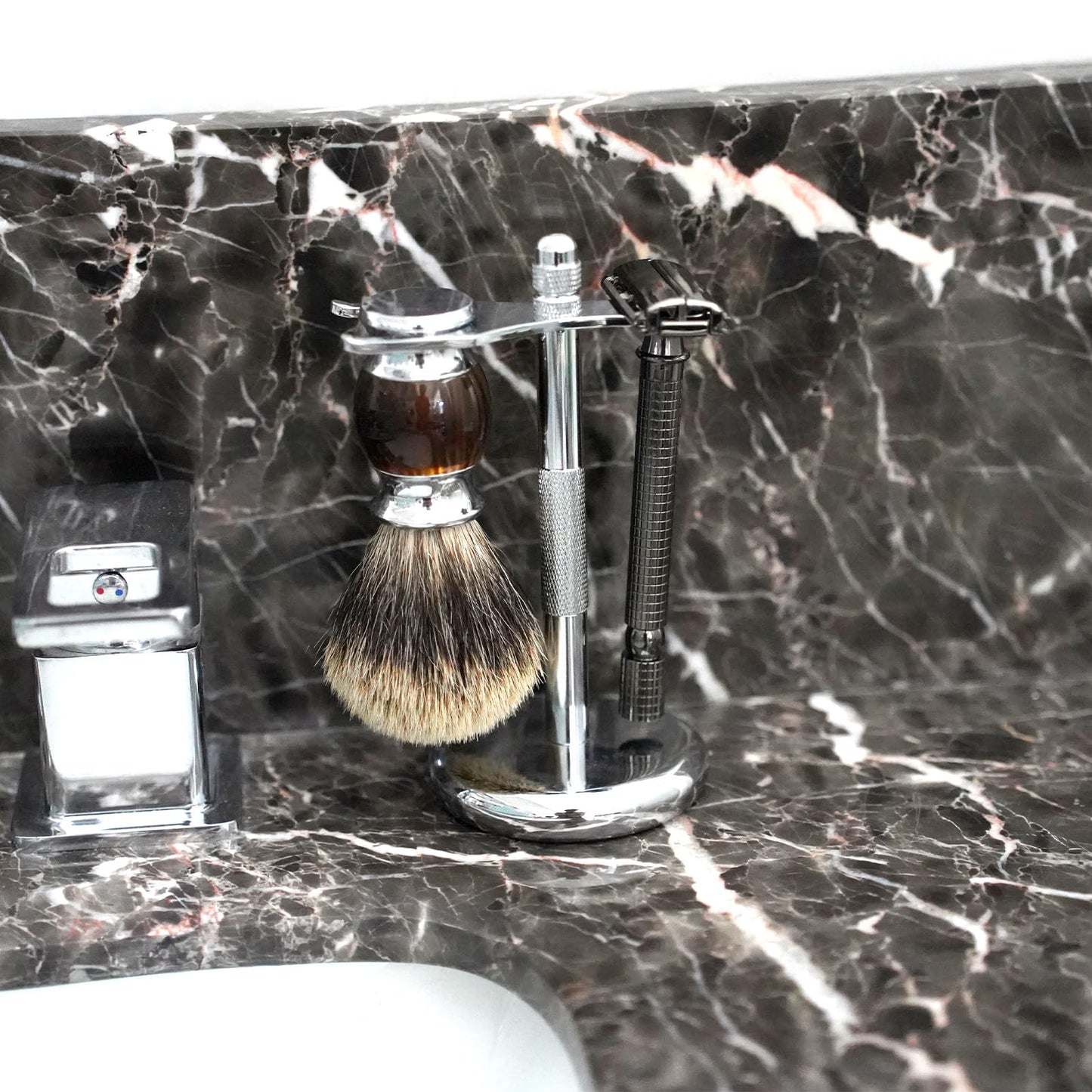 Linkidea Razor & Brush Holder, Deluxe Men's Stainless Steel Shaving Brush Hanger, Grooming Organizer for Bathroom, Shaver Stand Compatible with Merkur Beauty and Personal Care Linkidea