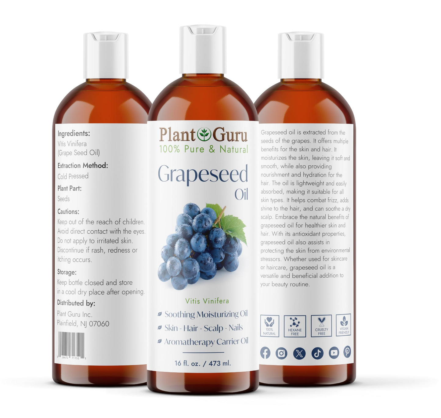 Plant Guru Grapeseed Oil 16 fl. oz. Cold Pressed 100% Pure Natural Carrier For Skin, Body, Face, and Hair Growth Moisturizer. Great For Creams Beauty & Personal Care Plant Guru