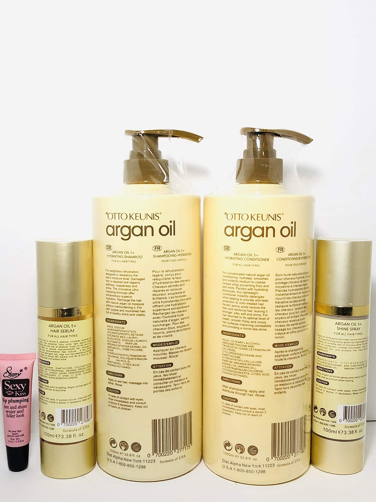 OTTO KEUNIS argan oil 5+ Hydrating shampoo 33.8oz, Conditioner 33.8oz., Hair serum 3.38 oz., Shine Spray 3.38 oz "Free Starry Sexy Kiss Lip Plumping Beauty & Personal Care OTTO KEUNIS