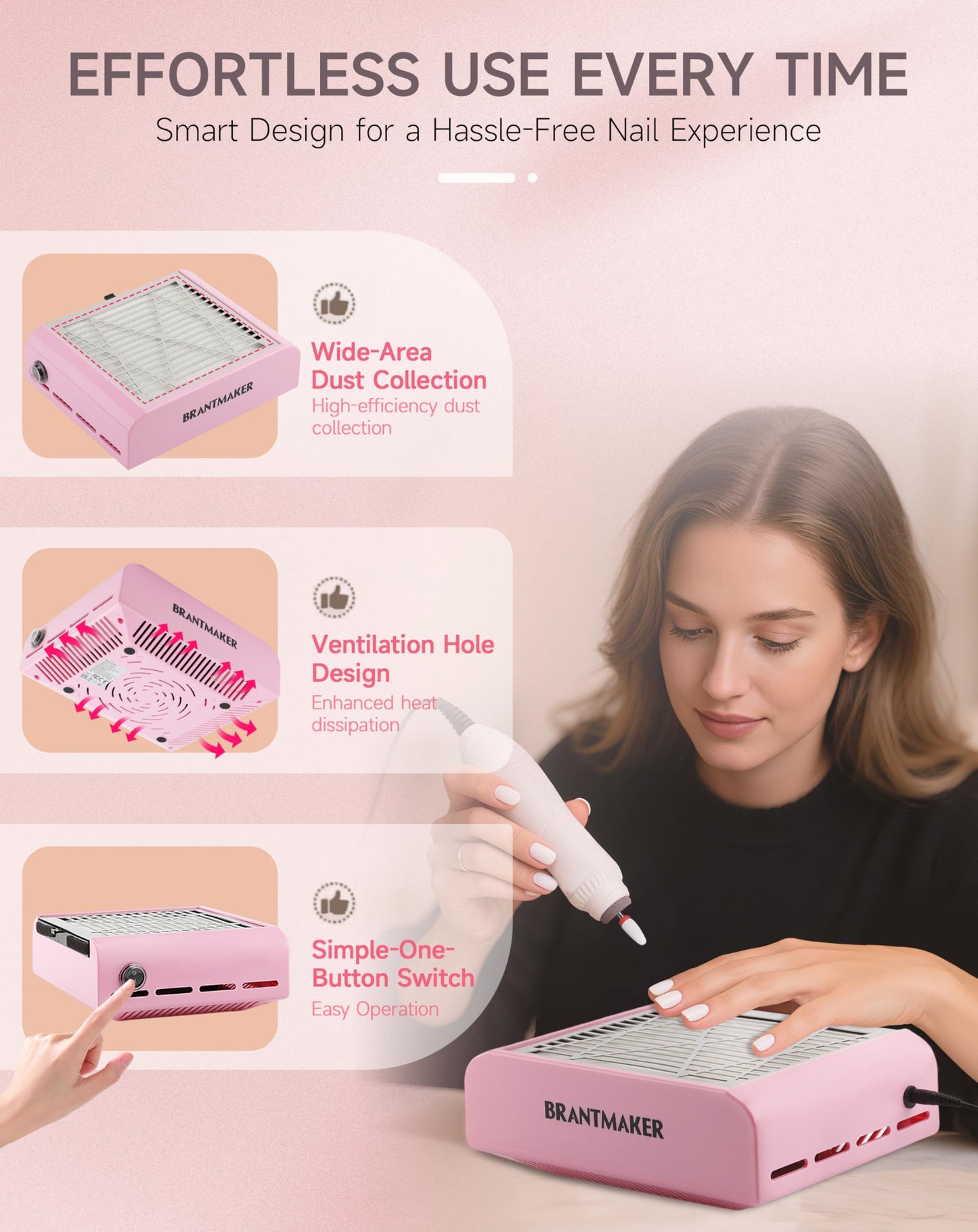 BRANTMAKER Nail Dust Collector with Brush and 2 Reusable Filters, 60W Vacuum Dust Fan for Acrylic Nails (Pink) Beauty & Personal Care BRANTMAKER