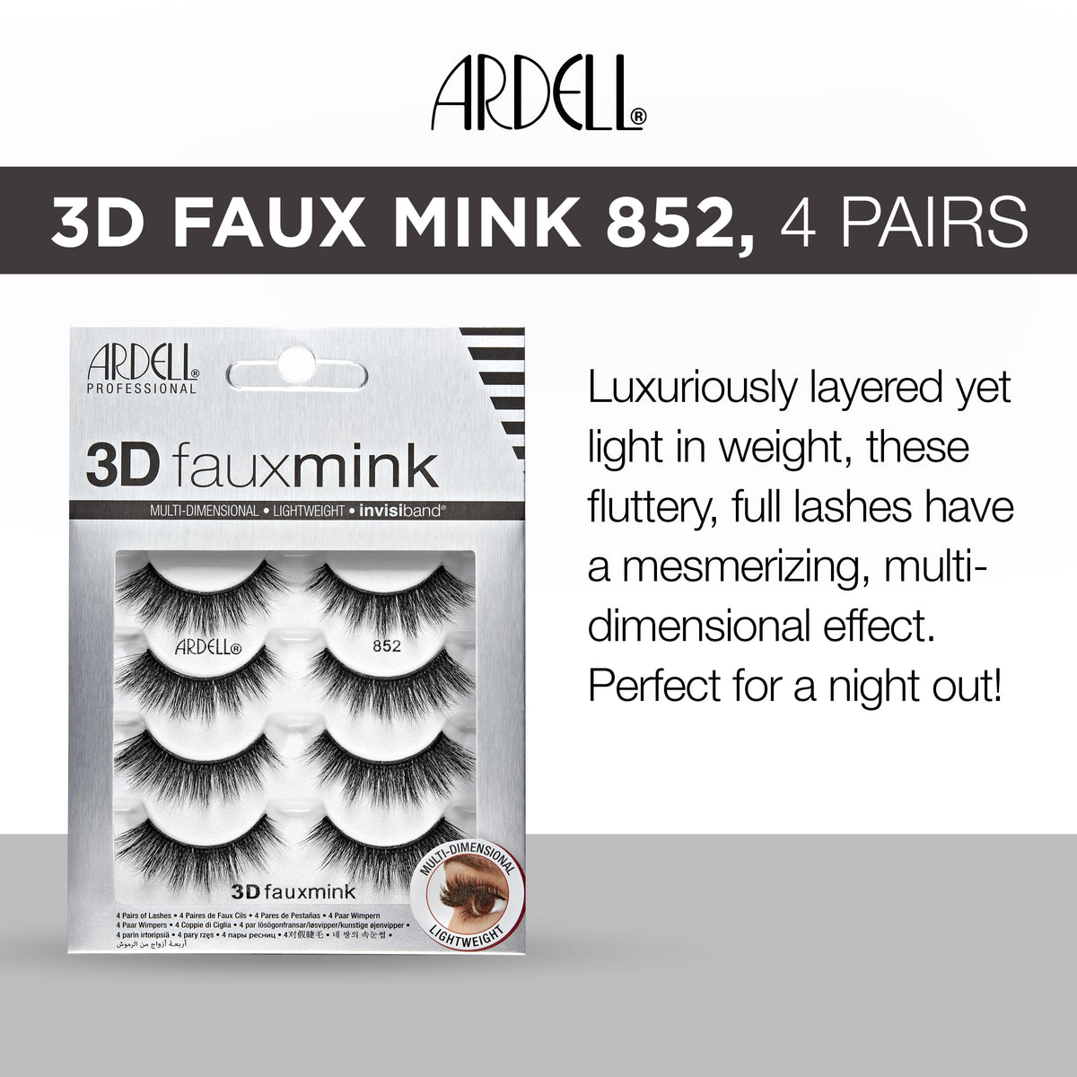 Ardell 3D Faux Mink Lashes False Eyelashes 852 - Fluffy Volume Strip Wispy Lashes for a Natural Glam Look, 4 Pairs Beauty & Personal Care Ardell