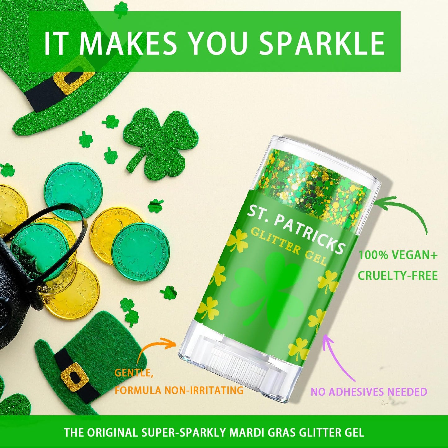ST Patricks Day Glitter Gel Stick, Color-Changing in Different Lighting, for Body, Face & Hair (Shamrock) Beauty & Personal Care CiikDux