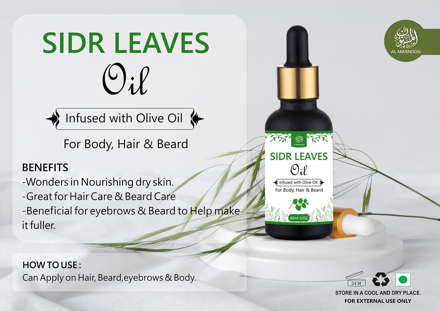 al masnoon Sidr Leaves Oil/Sidr Leaves Infused With Olive Oil/For Body, Hair & Beard/For Ruqaiya/ 30Ml(Pack Of 1) Beauty and Personal Care al masnoon