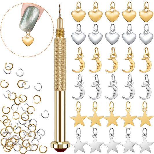 PAGOW 71 PCS Dangle Nail Art Charms, Nail Jewelry Rings with Nail Piercing Tool Hand Drill for Tips, Acrylic, Gels and Decorations Beauty & Personal Care PAGOW