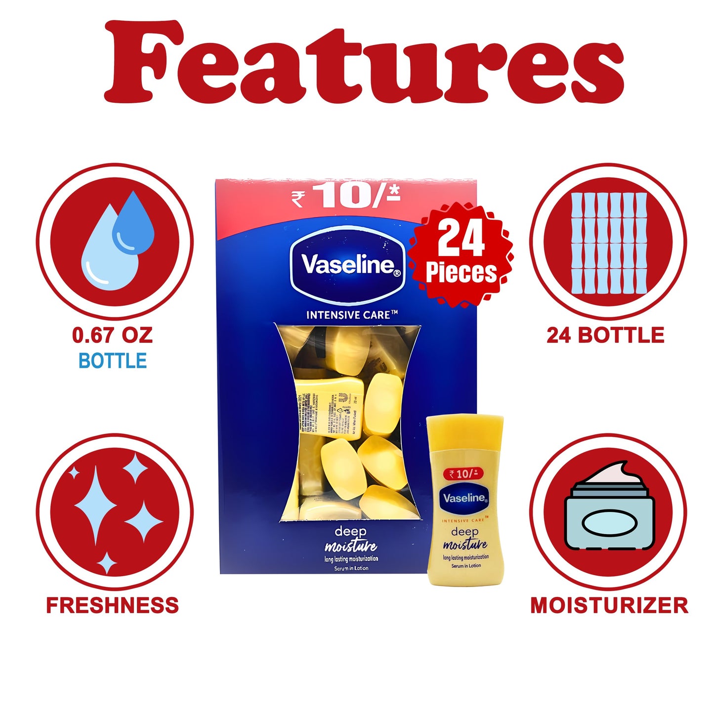 Vaseline Intensive Care Travel Moisturizer, 24 Count Bulk, Deep Moisture Moisturizing Lotion, Face and Body Moisturizer for Dry Skin, 0.67 oz Beauty & Personal Care Vaseline