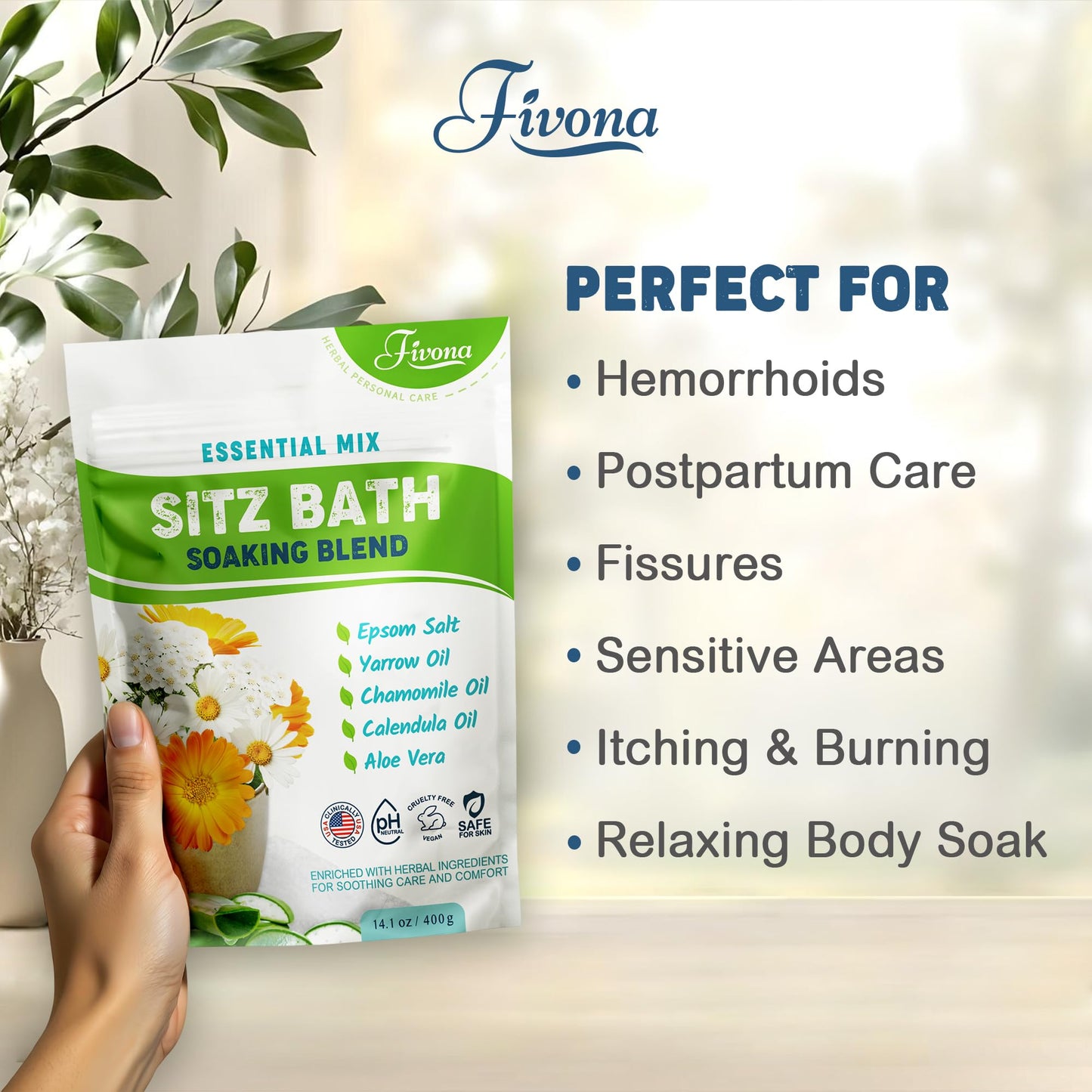 Hemorrhoid Care Postpartum Care Bartholin Cyst Relief - FIVONA Sitz Bath Salt Natural Epsom Blend with Essential Oils Soak - 14.1 oz Beauty and Personal Care FIVONA
