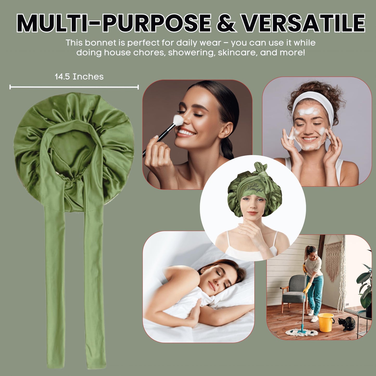 Tie Bonnet for Women Girls Night bonnnts,Sleeping Bonnets for Natural Curly Braids,Adjustable Bonnets with tie (Mystery Green) Beauty and Personal Care BE BEAUTIFUL EXTENSIONS