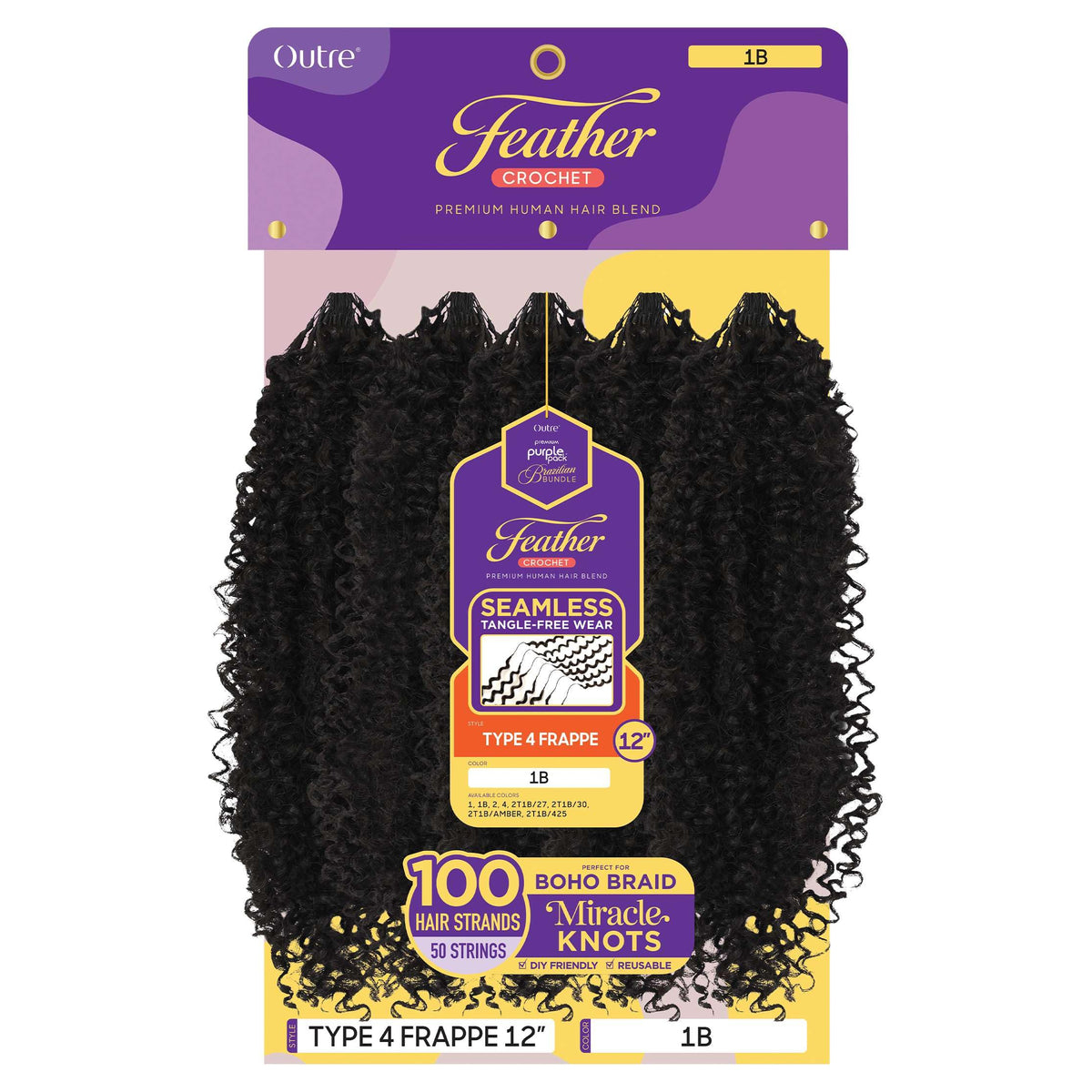 Outre Purple Pack Brazilian Premium Human Hair Blend Feather Crochet Braid - Feather Type 4 Frappe 12" (JET BLACK 1)