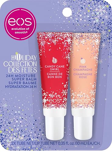 eos Holiday 24H Moisture Super Balm Gift Set, Pink Champagne & Candy Cane Swirl, Limited Edition, Stocking Stuffers, Holiday Lip Mask, 0.35 fl oz Beauty & Personal Care eos