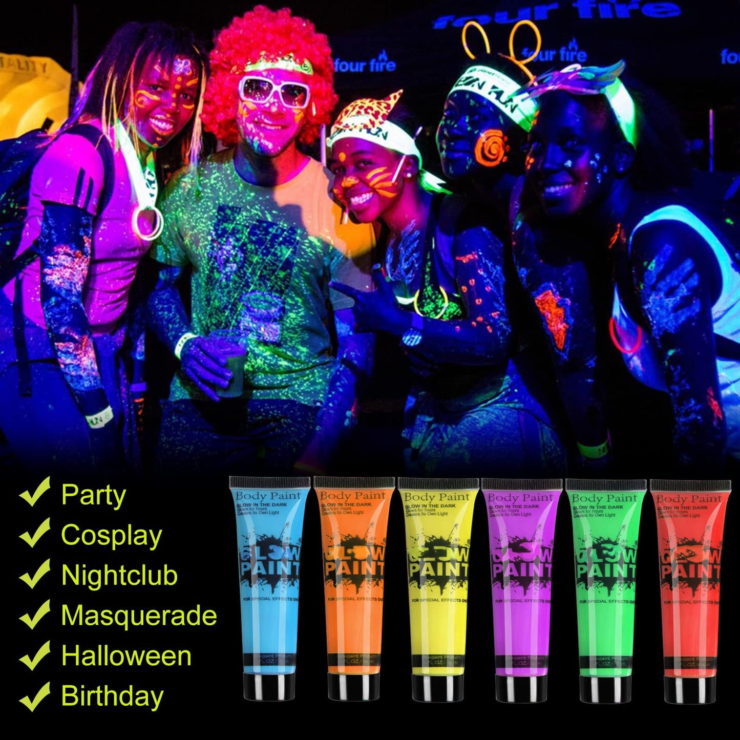 HomeHere Glow in Dark Face Body Paint UV Blacklight Neon Fluorescent 0.34oz Set of 6 Tubes Beauty & Personal Care HomeHere