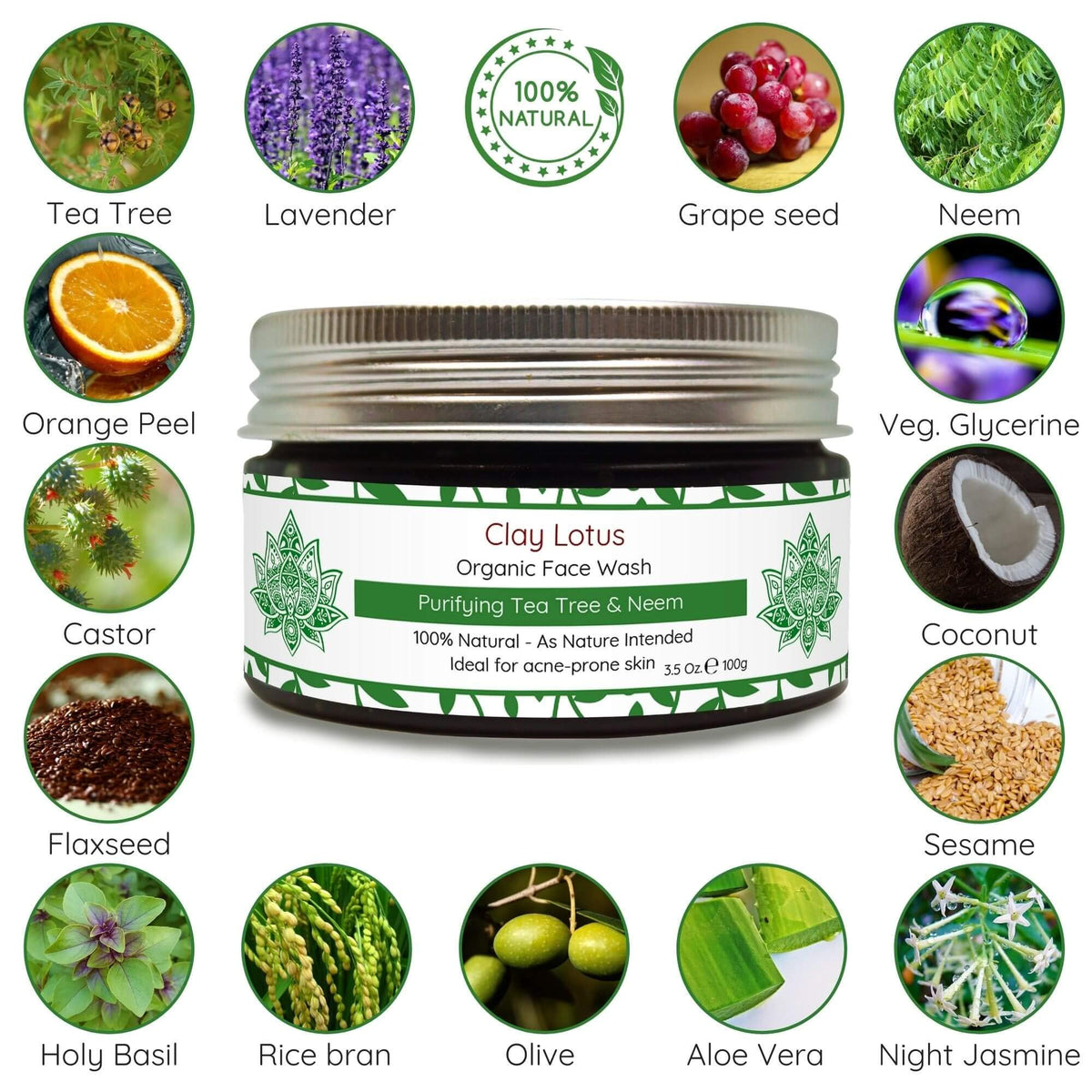 Clay Lotus Organic Face Wash - Acne-Prone, Oily Skin Cleanser with Tea Tree Oil & Neem. All-Natural Ingredients for Blemishes, Redness & Blackheads Beauty & Personal Care Clay Lotus