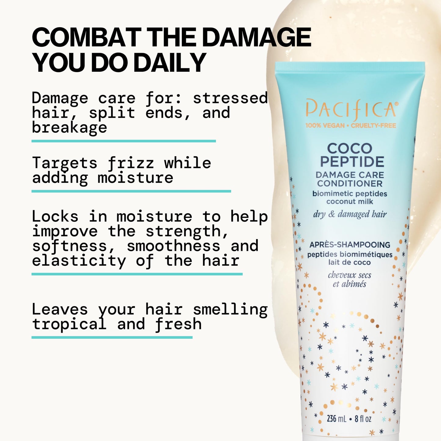 Pacifica Coco Peptide Damage Care Shampoo & Conditioner Set - Repairing Hair Care for Dry Damaged Hair Vegan Collagen & Peptides for Split Ends Beauty & Personal Care Pacifica