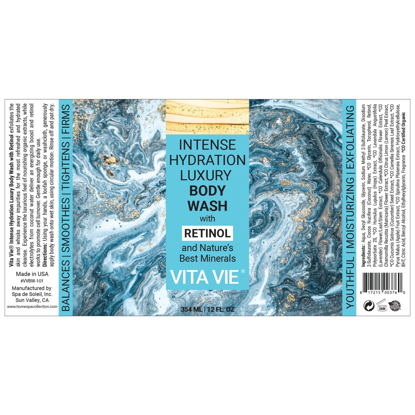 VITA VIE Intense Hydration Luxury Body Wash with Retinol, 12 oz - Youthful, Moisturizing, Exfoliating Clean Beauty & Personal Care VITA VIE