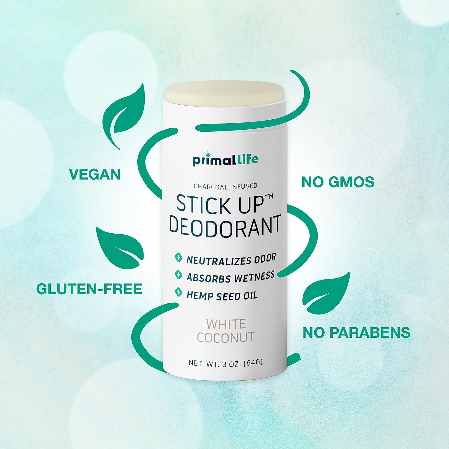 Stick Up Natural Deodorant for Women and Men with Bentonite Clay Powder, Arrowroot, Magnesium, Zinc, 3 oz. Vegan Deodorant for 3-4 months, White Beauty and Personal Care Primal Life Organics