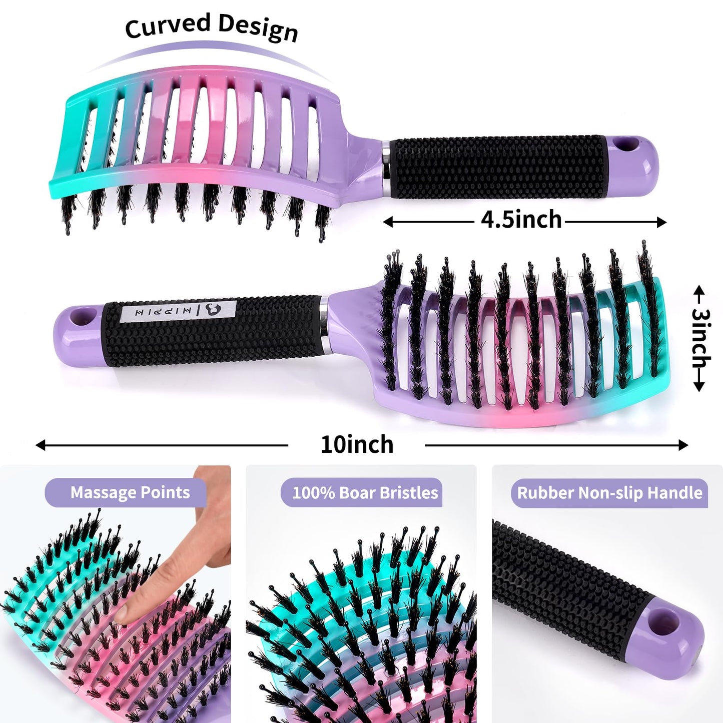 Boar Bristle Hair Brush Set of 2, HIPPIH Wet & Dry Hair Brushes Made by Fine Natural Boar Hair Can Adds Shine and Smoothing, Detangling Hairbrush Beauty and Personal Care HIPPIH