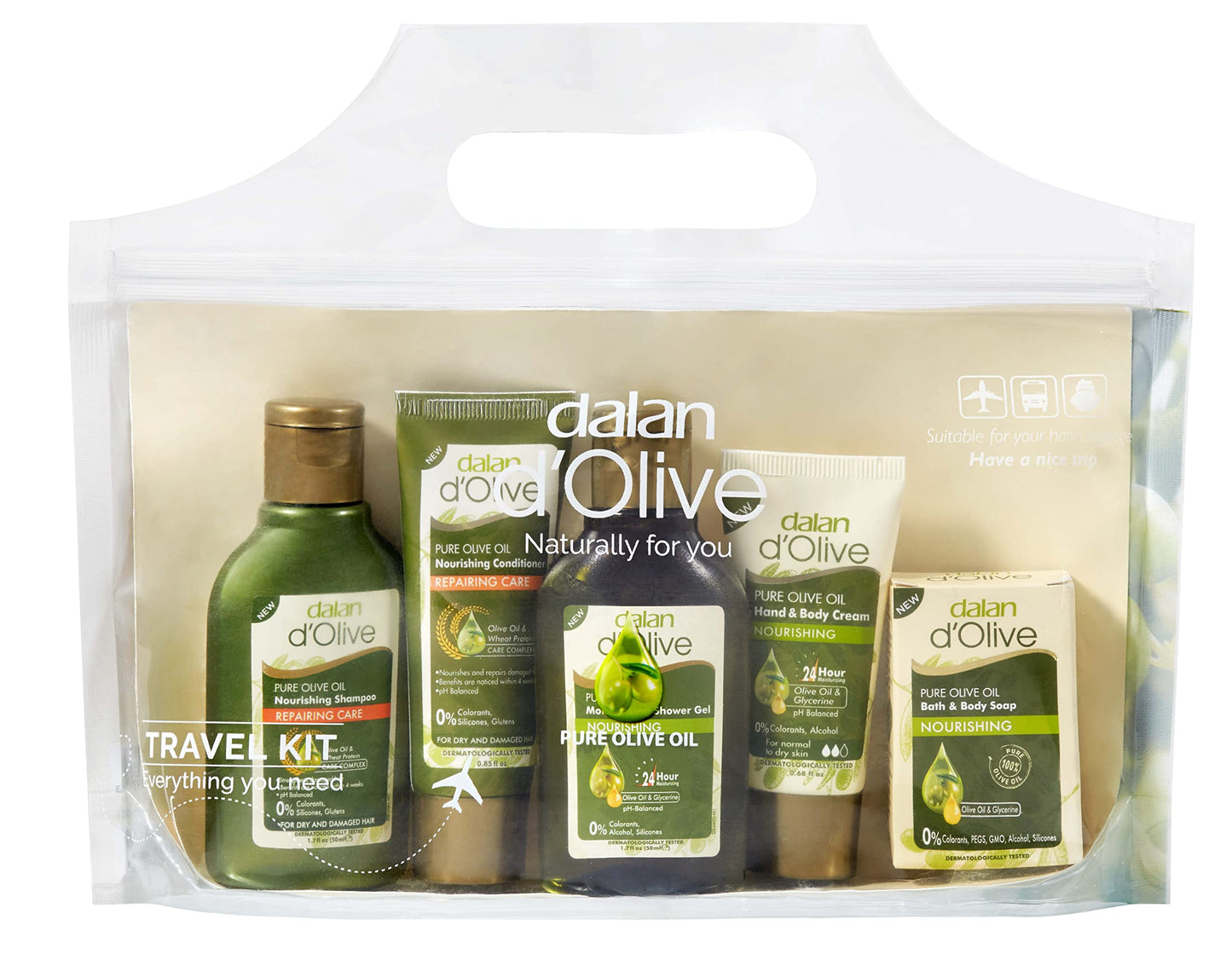 Dalan d`Olive Travel Kit, 5 Pieces - Shampoo, Hair Conditioner, Shower Gel, Bar Soap, Hand & Body Lotion Beauty & Personal Care Dalan