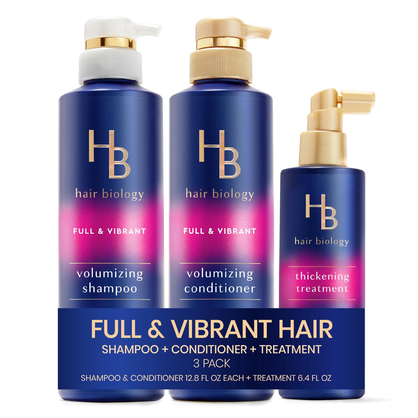 Hair Biology Full & Vibrant Set Including: Volumizing Shampoo (12.8 Fl Oz), Conditioner (12.8 Fl Oz) & Thickening Treatment (6.4 Fl Oz), for Thin or Beauty & Personal Care Hair Biology