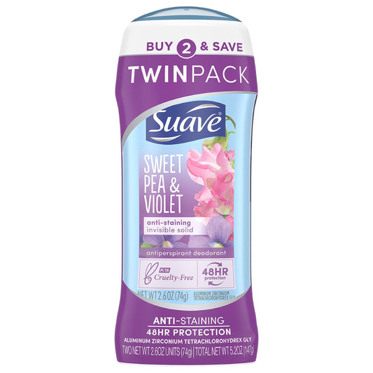 Suave Deodorant Antiperspirant Deodorant Stick 48-hour Odor and Wetness Protection Sweet Pea Violet Deodorant for Women 2.6 oz 2 Count Beauty and Personal Care Suave