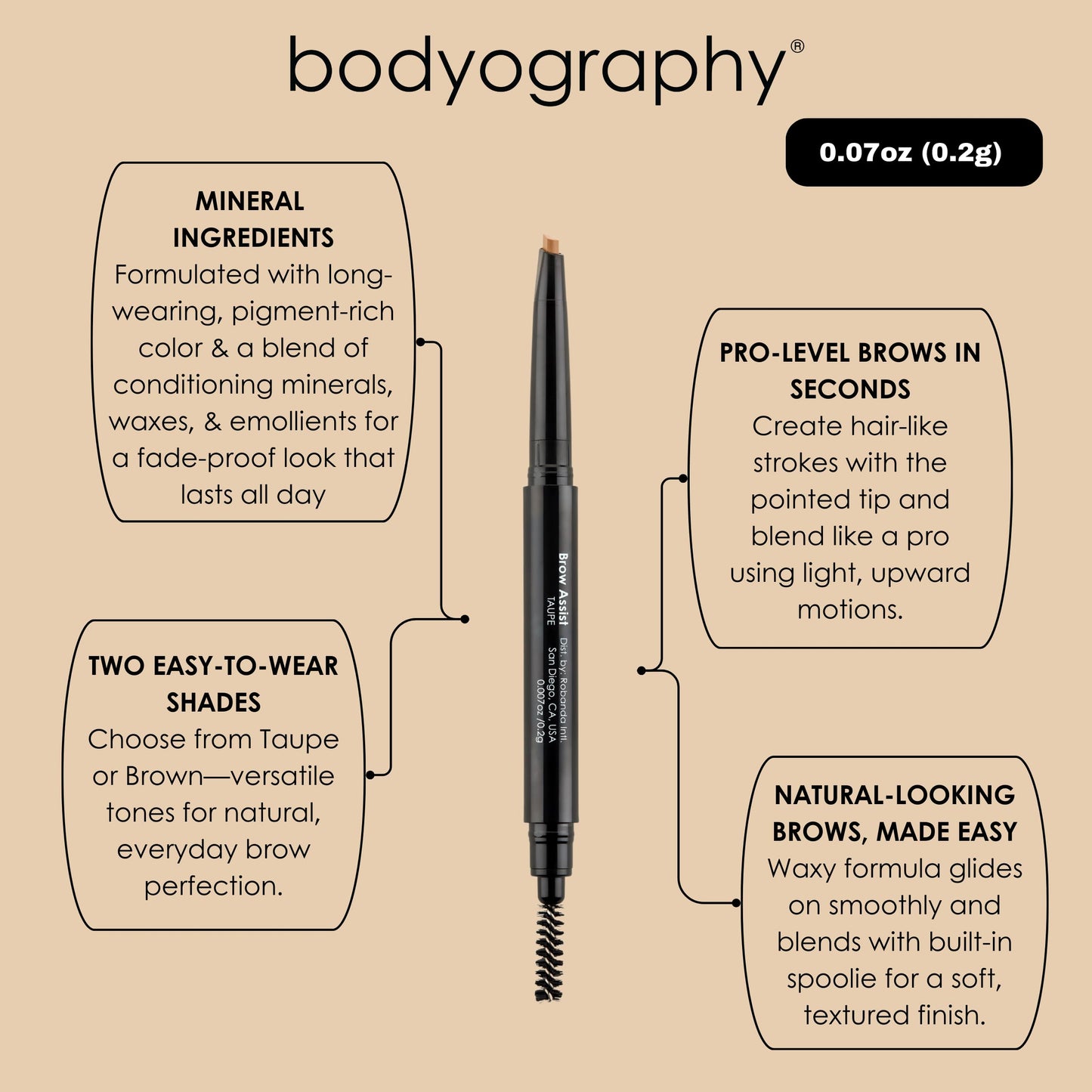 Bodyography Brow Assist - Taupe | Triangular Tip Eyebrow Pencil for Women with Built-In Spoolie | Defines, Fills & Shapes Brows | Mineral-Based Beauty & Personal Care Bodyography