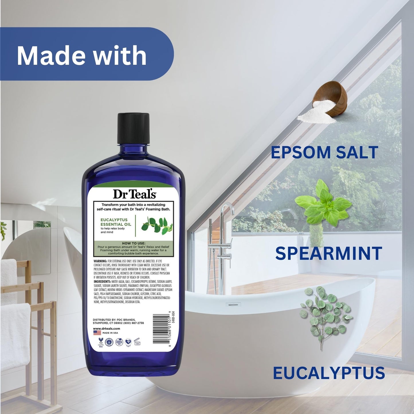 Dr. Teal's Eucalyptus and Spearmint Foaming Bath 34oz Bottles (Pack of 2) with Variety Junction Premium Bath Sponge - Relax and Relief, Bubble Bath Beauty and Personal Care Variety Junction