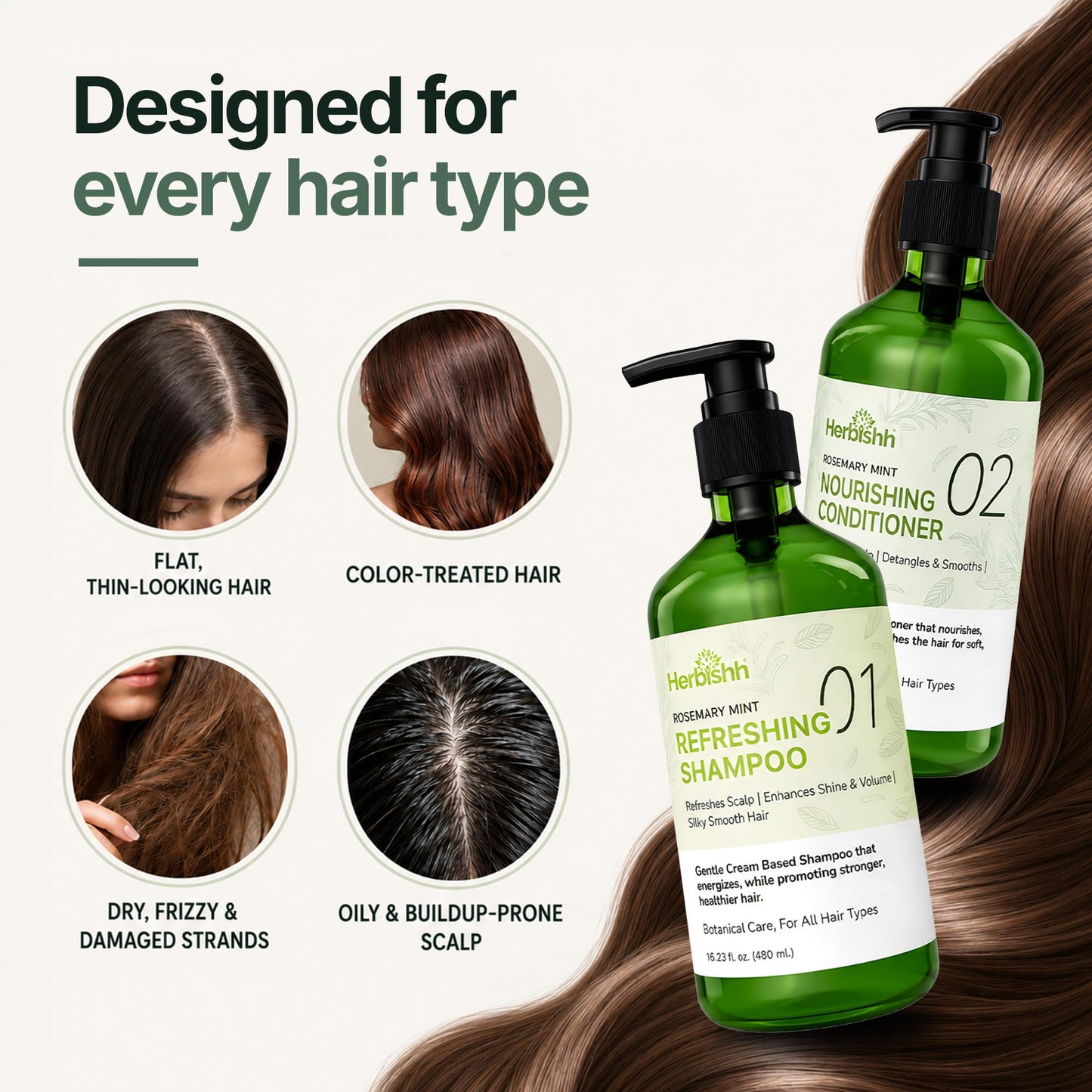 Herbishh Rosemary Mint Shampoo & Conditioner Set (16.23 fl. oz Each), Clarifying Shampoo for Oily Hair, Helps Remove Oil & Residue, Nourish Smooth Beauty & Personal Care Herbishh