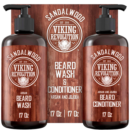Viking Revolution Beard Wash & Beard Conditioner Set with Argan & Jojoba Oils - Softens and Strengthens - Natural Sandalwood Scent - Beard Shampoo Beauty & Personal Care Viking Revolution