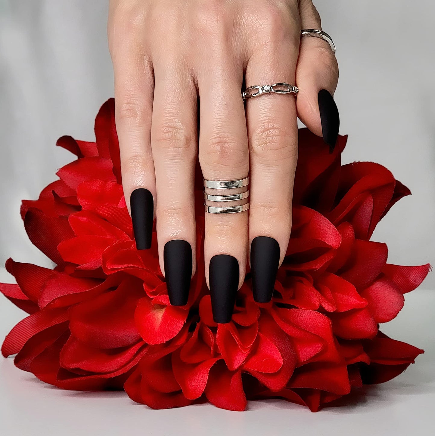 Hypnaughty 24 Pcs Noir Black Matte Luxury Coffin Press on Nails with Glue Medium Long Solid Black Color False Nails (Noir) Beauty & Personal Care Hypnaughty