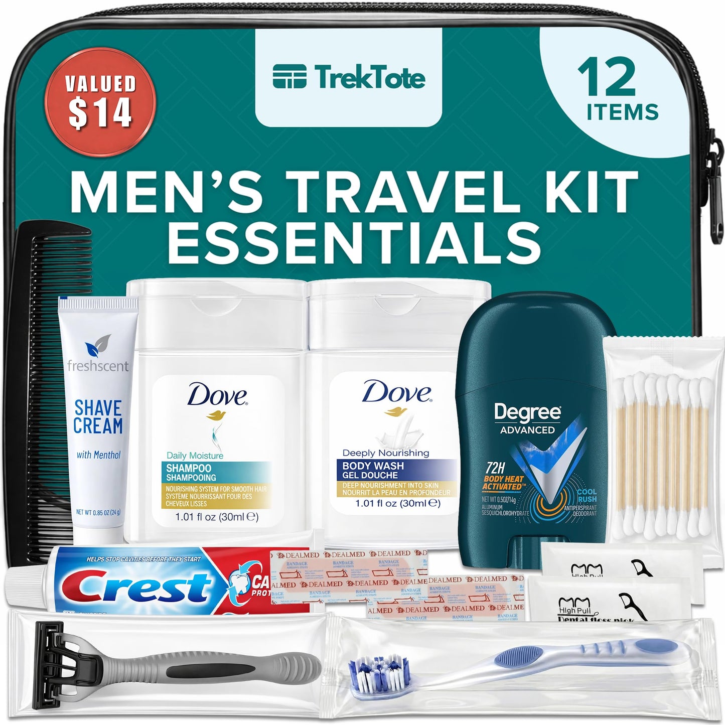 TrekTote 12-Piece Men’s Travel Toiletry Kit - Premium Brand-Name Shampoo, Conditioner, Body Wash, Shaving Cream & Deodorant, TSA Approved Travel Size Beauty and Personal Care Stuhrling Bottle