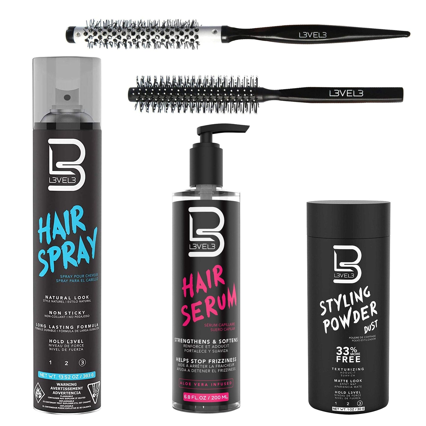 L3 Level 3 Hair Serum, Round Brush Set, Styling Powder & Hair Spray Kit - Repairs your Damaged Hair - Softens and Smoothing - Easy to Apply with No Beauty & Personal Care L3