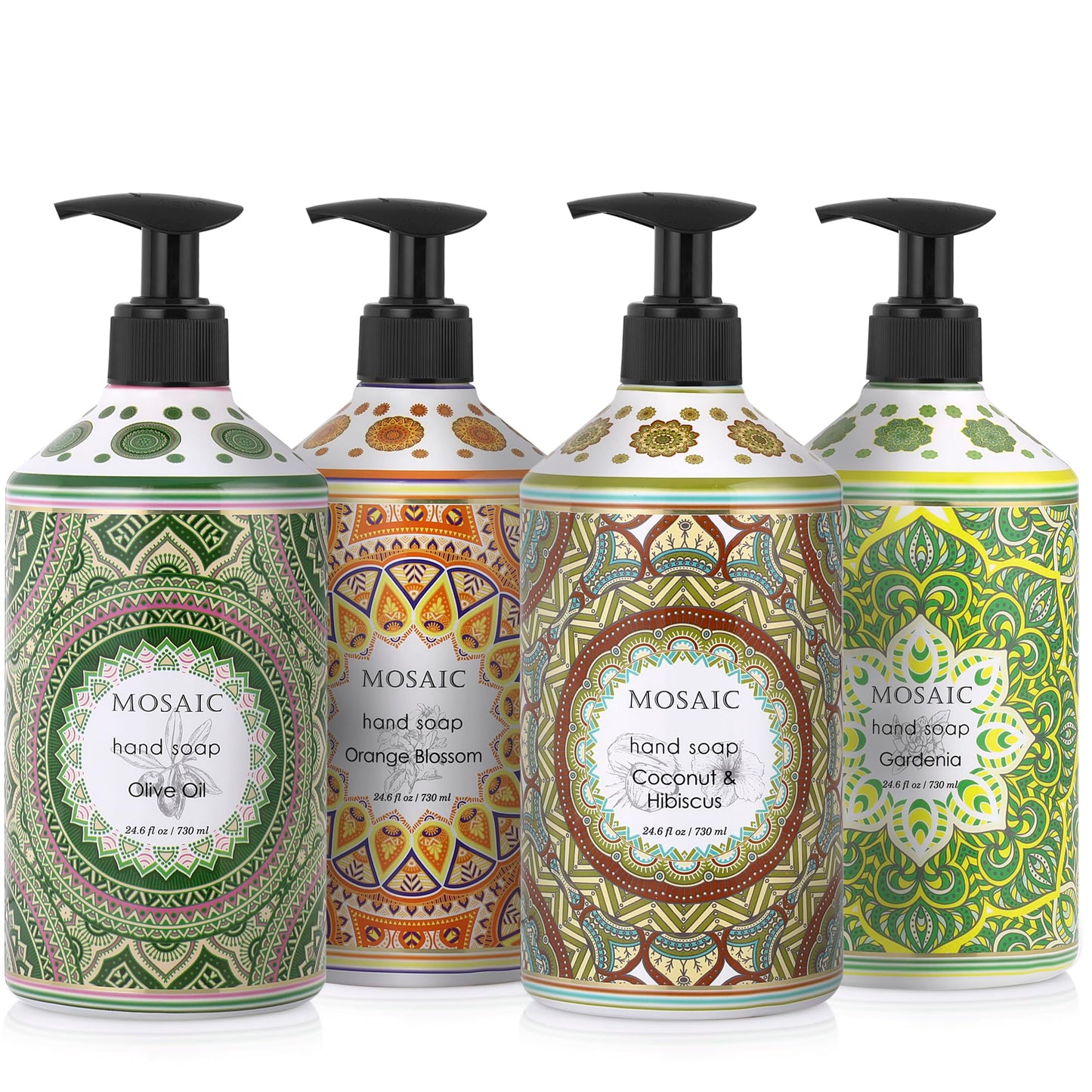 Mosaic Liquid Hand Soap / Wash Gift Set, Ideal Bathroom Kitchen Hand Soap Set , Olive Oil + Coconut & Hibiscus + Gardenia + Orange Blossom, 4 x 24.6 Beauty & Personal Care AnatoliaDaphne
