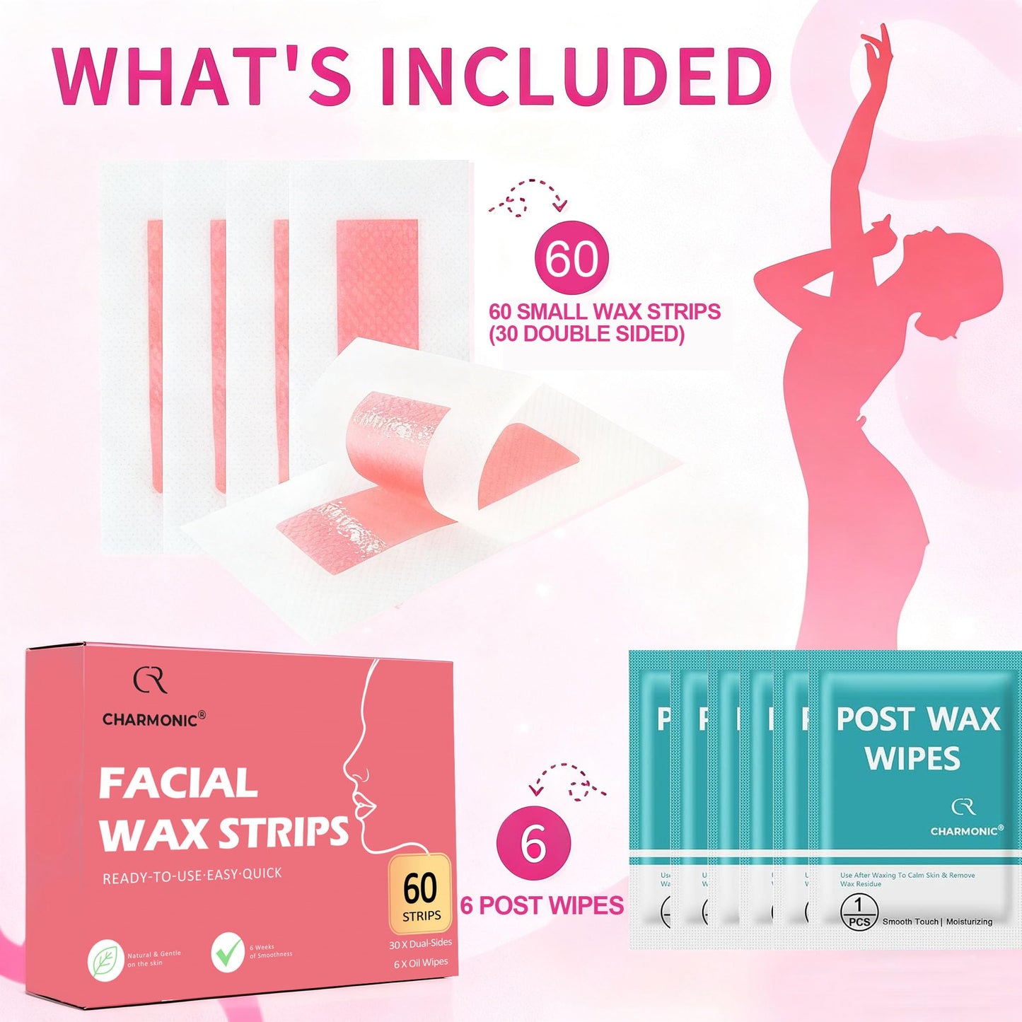 Facial Wax Strips 60 Pcs, Facial Hair Removal for Women, Waxing Strips for Face Eyebrow Upper Lip Cheek Hair Remover, Quick & Painless At Home Waxing Beauty and Personal Care Charmonic