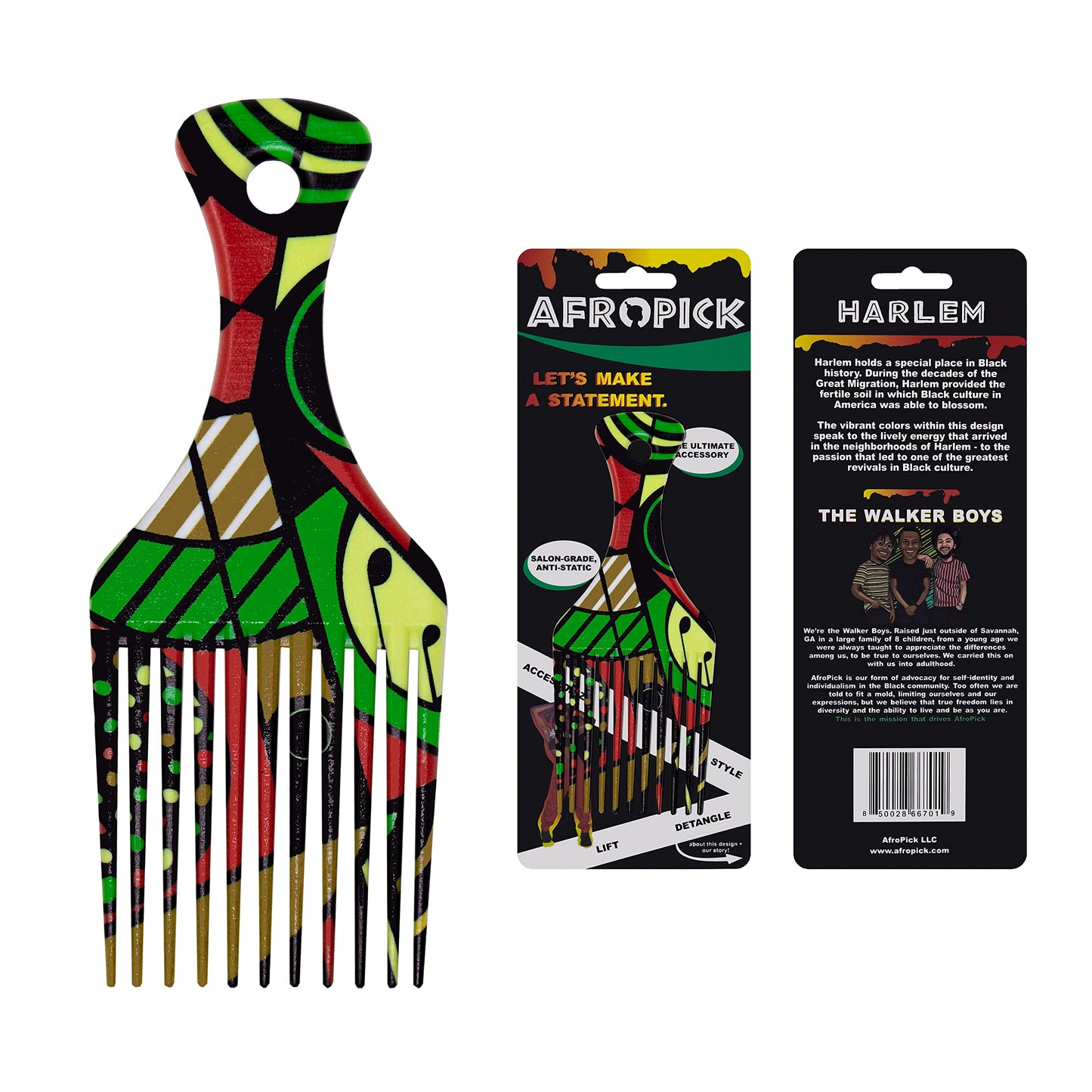Afropick Anti-Static Plastic Black Hair Pick for Natural Curly Long Thick Hair- Afro Pick Comb for Men, Women- African Artist Designs (Harlem) Beauty & Personal Care Afropick