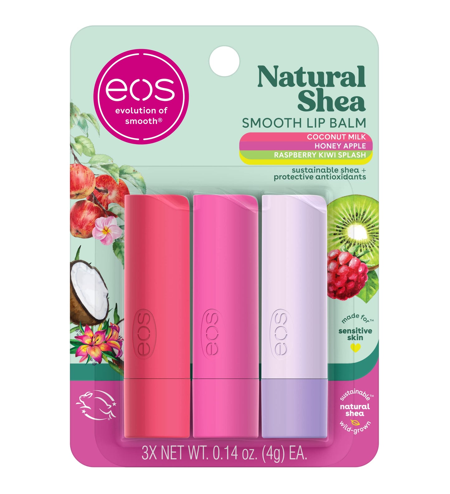 eos Natural Shea Lip Balm, Honey Apple, Coconut Milk & Raspberry Kiwi Splash, All-Day Moisture, Lip Care Products, 0.14 oz, 3-Pack Beauty & Personal Care eos