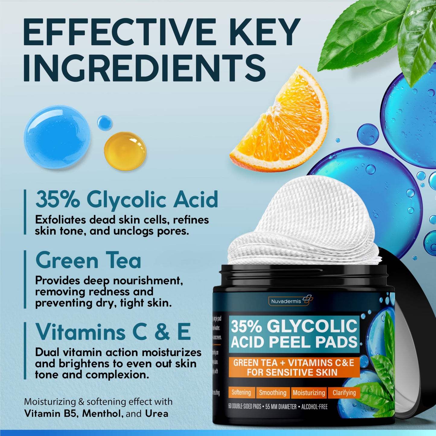 NUVADERMIS 35% Glycolic Acid Peel Pads - Exfoliating Facial Resurfacing for Blackheads, Dark Spots, and Acne - Safe for Sensitive Skin - 60 Beauty & Personal Care NUVADERMIS