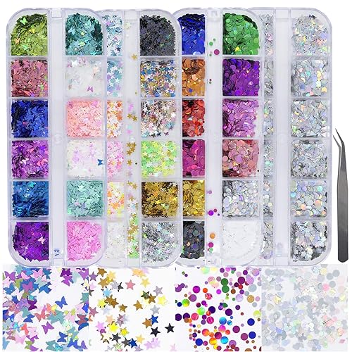 AddFavor 4 Boxes Holographic Nail Sequins Shapes Mixed Iridescent Nail Glitter Flakes Butterfly Hearts Star DIY Design Manicure Decorations Sets Beauty & Personal Care AddFavor