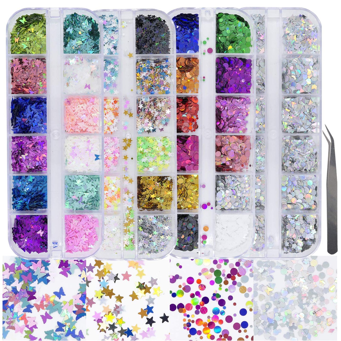 AddFavor 4 Boxes Holographic Nail Sequins Shapes Mixed Iridescent Nail Glitter Flakes Butterfly Hearts Star DIY Design Manicure Decorations Sets Beauty & Personal Care AddFavor