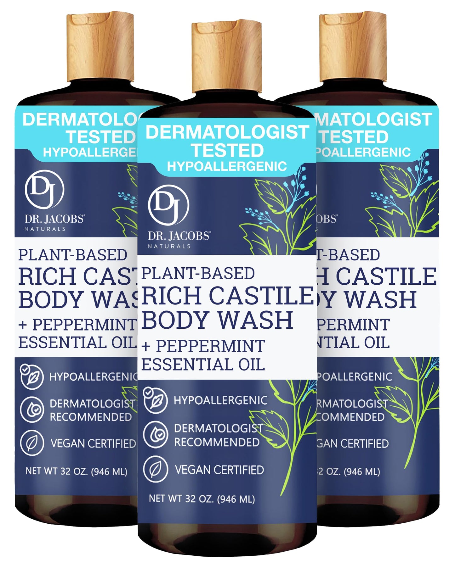 Dr. Jacobs Naturals Pure Castile Soap Liquid Body Wash, Peppermint - Plant Based Soap Infused with Vitamin E and Aloe Vera to Moisturize Dry Beauty & Personal Care DR.JACOBS NATURALS