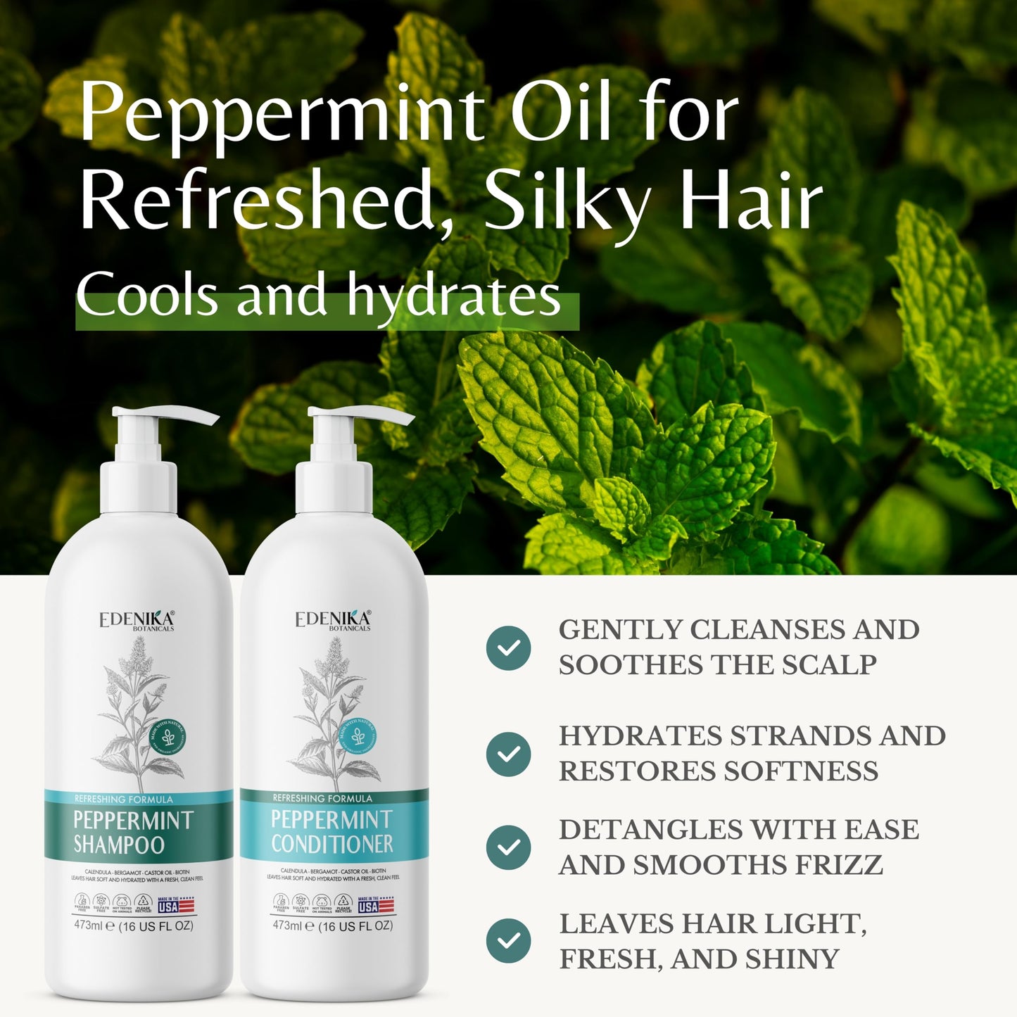 Peppermint Shampoo and Conditioner with Castor Oil & Biotin, Soothes Dry, Itchy Scalp, Strengthens Hair, Reduces Thinning & Hair Loss, Promotes Beauty & Personal Care EDENIKA BOTANICALS