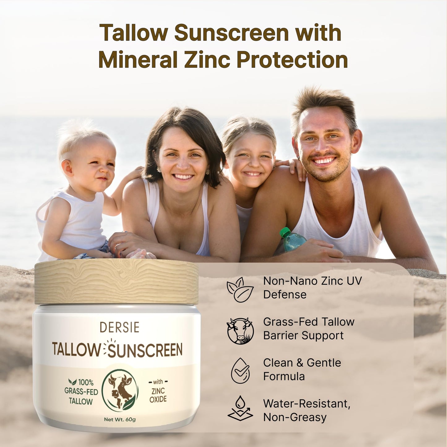 Dersie Tallow Sunscreen SPF 30 - Mineral UV Defense with Non-Nano Zinc Oxide - Face & Body Sun Protection for Adults & Kids (2.12 Ounce (Pack of 1)) Beauty & Personal Care Dersie