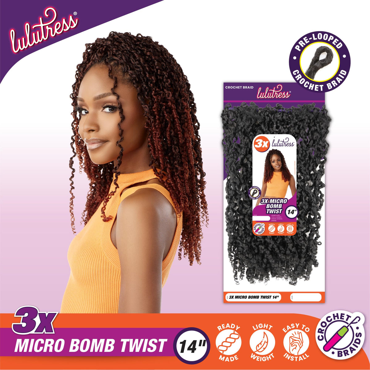 Sensationnel Lulutress Crochet Braiding Hair-3X Micro Bomb,14in, SM1B/350