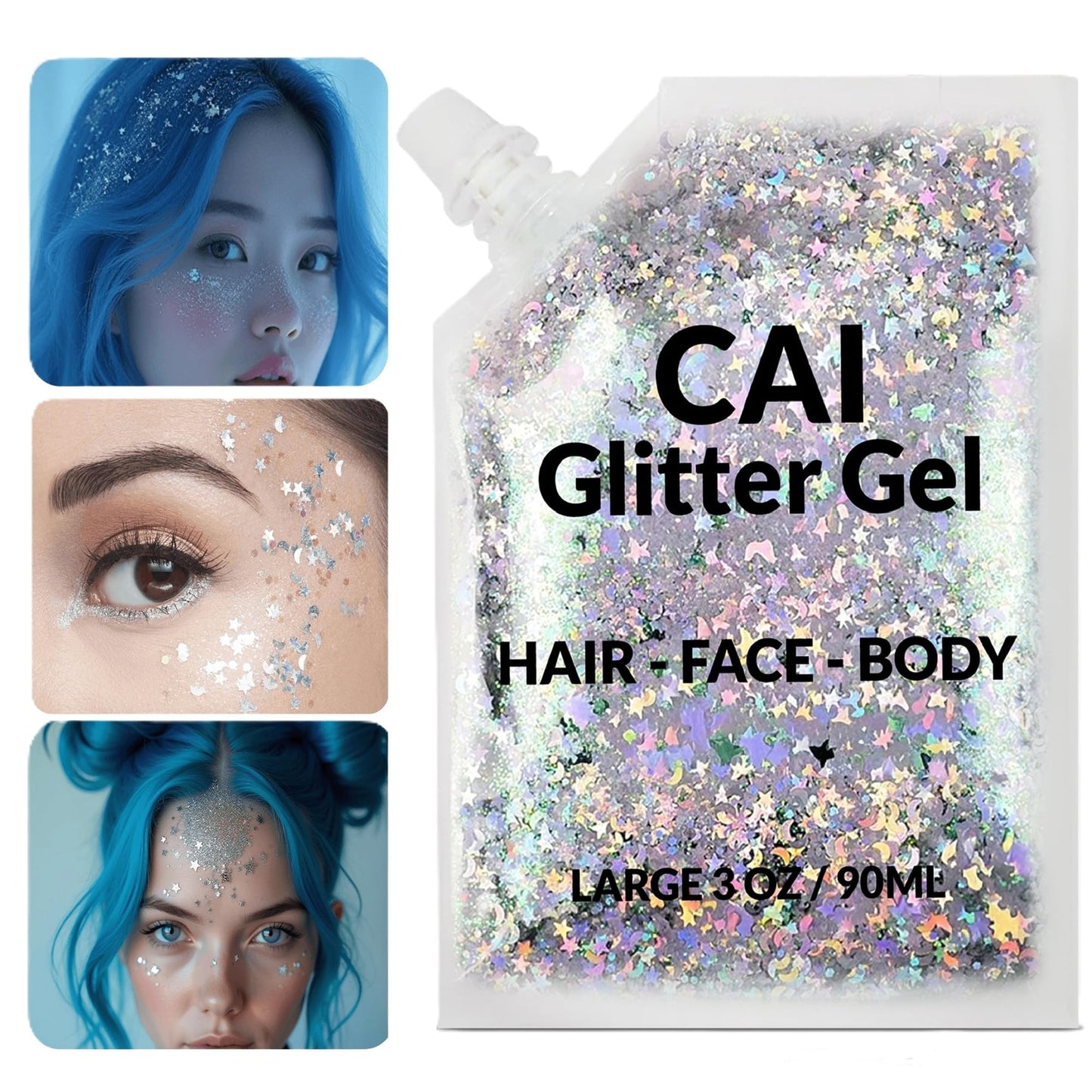Face, Body & Hair Glitter Gel - Halloween Glitter for Kids and Women - 3 Oz Cosmetic-Grade Gel w/Moon & Stars for Festivals & Halloween Party, Easy Beauty & Personal Care CAI BEAUTY NYC
