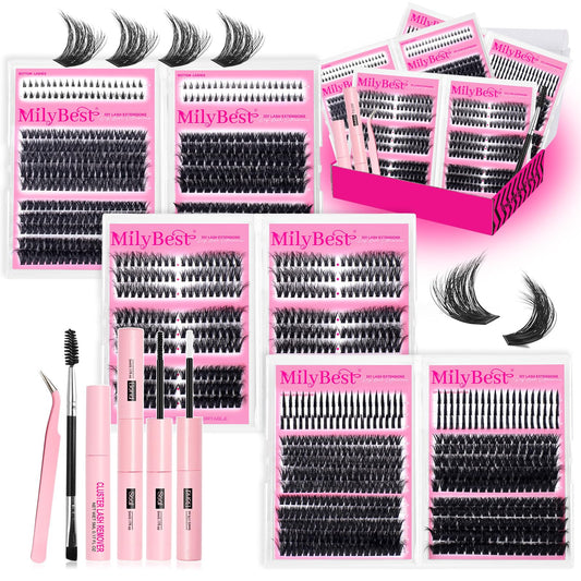 MilyBest 1238Pcs Lashes Clusters Kit with Spikes+Bottom, 6 Styles 50D/60D/80D/100D/150D Fox Eye Cluster Eyelash Extensions with Bond&Seal 10-18mm Beauty and Personal Care MilyBest Default Title