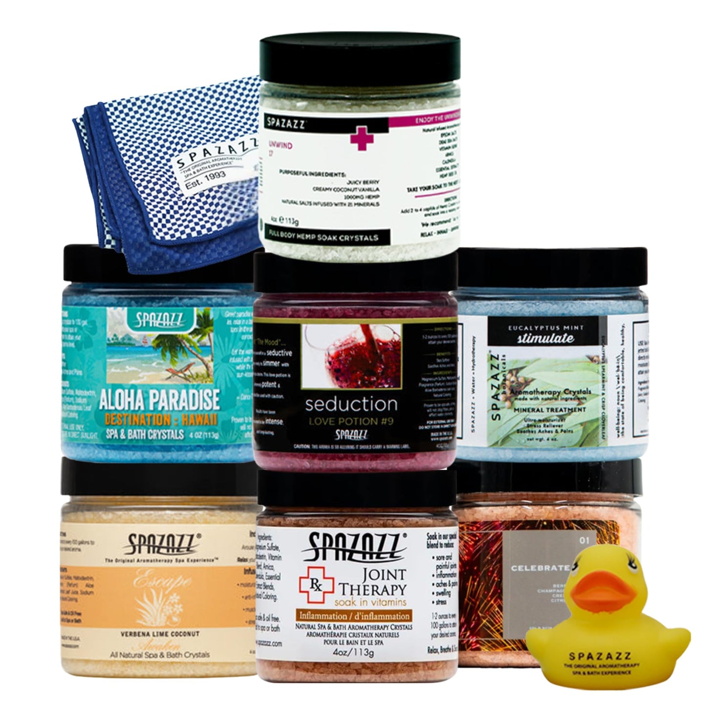 Spazazz Hot Tub Aromatherapy Gift Bundle- Seven- 4 Oz Spazazz Hot Tub Aromatherapy Bath Salt Crystals Sampler Jars Plus Hot/Cold Towel and Rubber Duck Beauty and Personal Care Spazazz