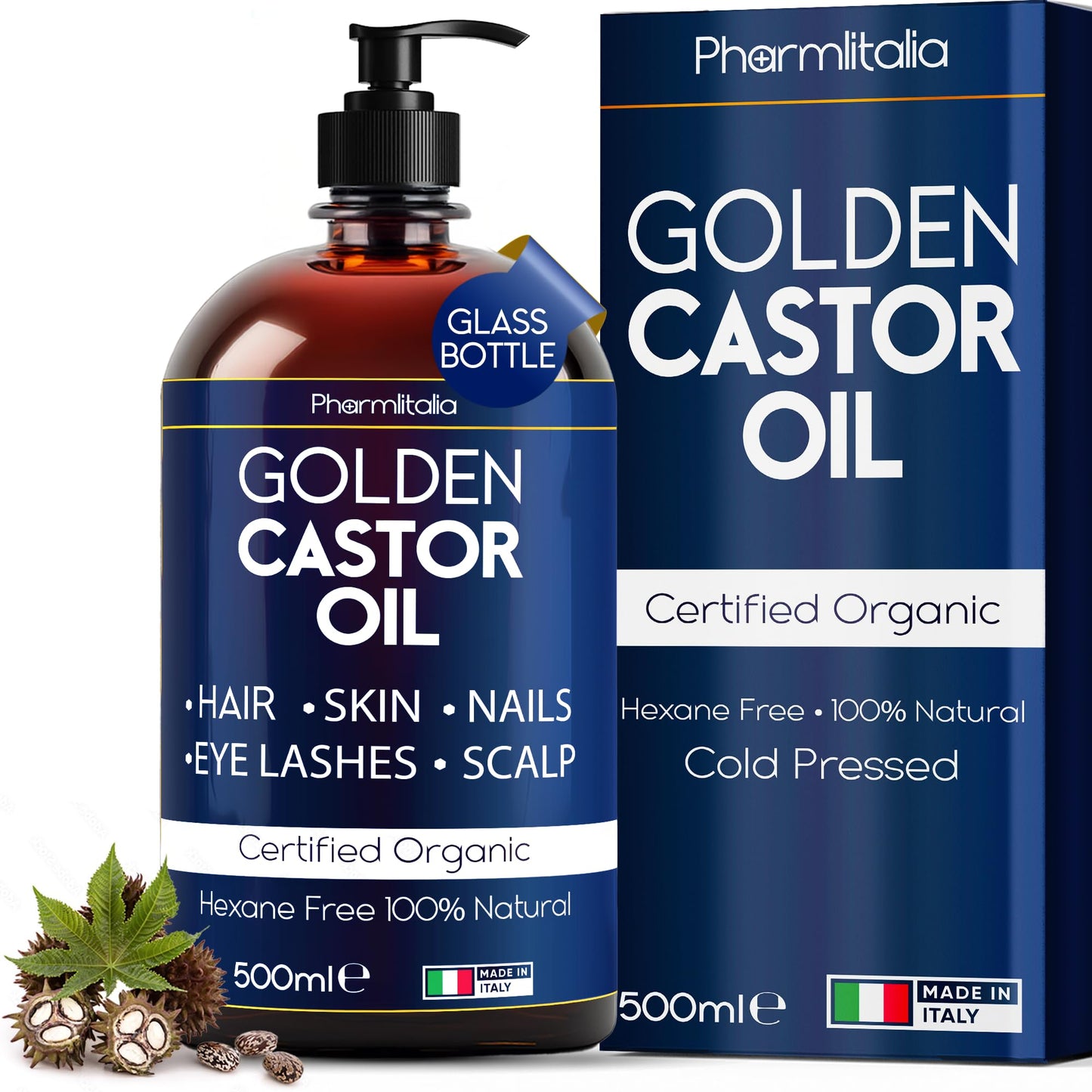 Pharmlitalia Caster Oil Organic Cold Pressed Unrefined Glass Bottle - Organic Golden Castor Oil for Face, Scalp, Eyelashes, Skin Care and Nails Beauty & Personal Care Pharmlitalia